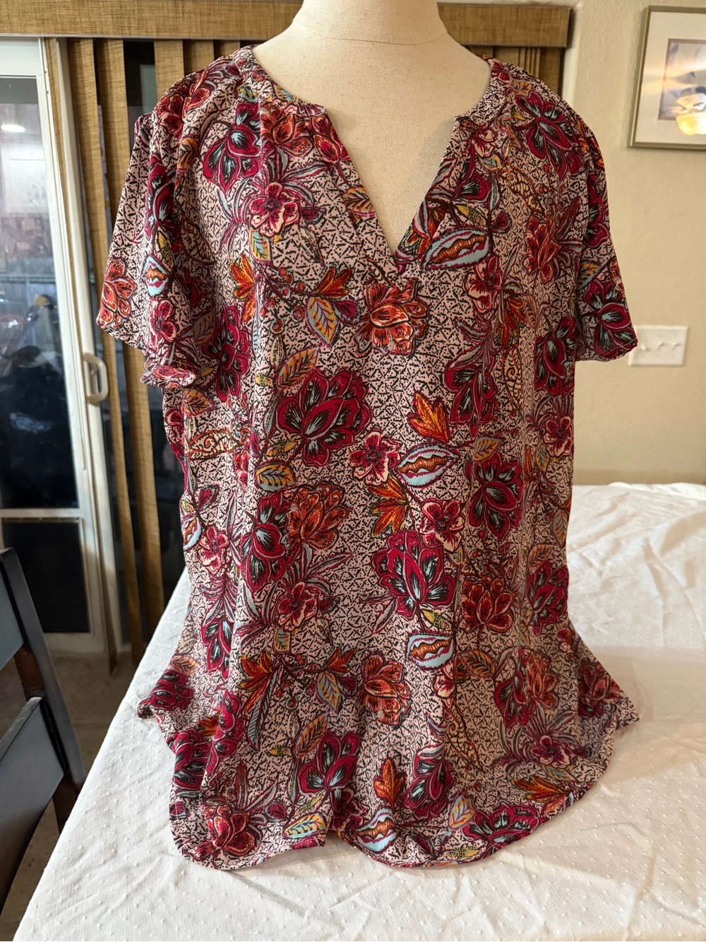 Maurices Floral Split-Neck Blouse in Red & Orange